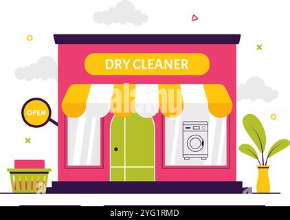 Dry Cleaning Store Service Vector Illustration featuring Washing Machines, Dryers, and Laundry Services for Clean and Fresh Clothing in a Background Stock Vector