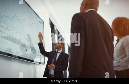 Presentation, TV screen and business people in office with finance statistics for revenue or capital gain. Meeting, data and team of financial Stock Photo