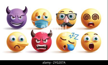 Emoji emoticon characters vector set. Emojis devil, sick, old man, dizzy, pinocchio, daemon, unwell and shock 3d facial expression graphic elements Stock Vector