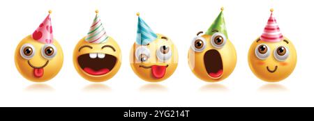 Emojis emoticon birthday characters vector set. Emoticons birthday character in smiling, happy, shocked, excited, naughty, silly, funny and playful Stock Vector