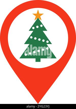 Christmas location icon. Christmas tree and map pin. Xmas market sign. Holiday place red symbol. Vector illustration isolated on white background Stock Vector