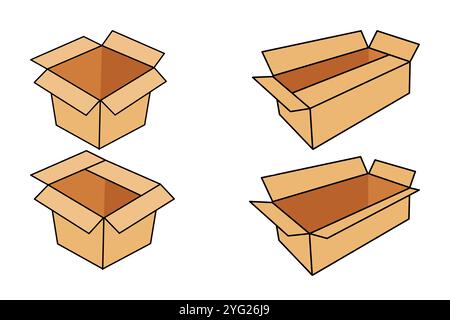 Set of different brown cardboard packaging boxes. Collection of cardboard box mockups. Shipping carton open and closed box with breakable signs. Parce Stock Photo