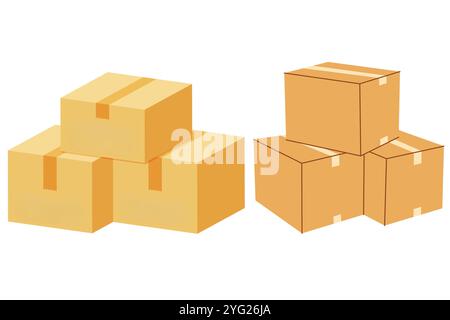 Set of different brown cardboard packaging boxes. Collection of cardboard box mockups. Shipping carton open and closed box with breakable signs. Parce Stock Photo
