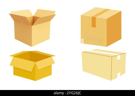 Set of different brown cardboard packaging boxes. Collection of cardboard box mockups. Shipping carton open and closed box with breakable signs. Parce Stock Photo