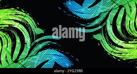 Green and Blue Gradient Brush Texture Background with Halftone Effect. Sports Background with Grunge Concept Stock Vector