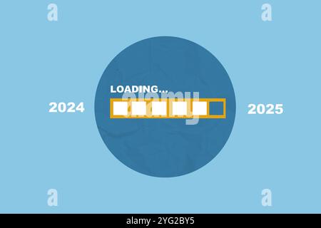 Loading bar start from 2024 to 2025 on colored background. Happy New Year concept or New Year Celebration. Collage art Stock Photo