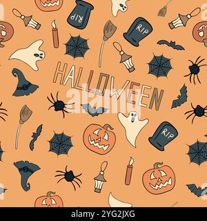 The design showcases a variety of Halloween themed elements on an orange background Stock Vector