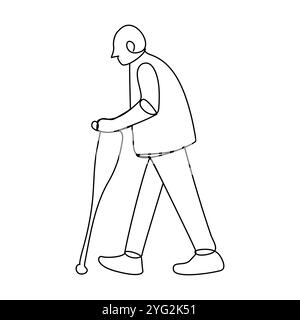 3 December world disability day poster with continuous line black drawing in minimalistic style, elderly man walking with help of crutches, calligraph Stock Vector