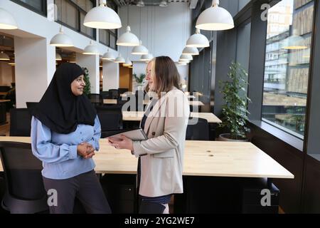 Two businesswomen discussing in office Stock Photo