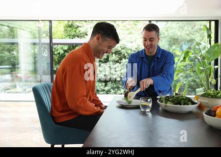 Two men dining in living room Stock Photo