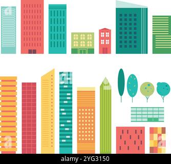 Vector set of city landscape elements, buildings and trees. Stock Vector