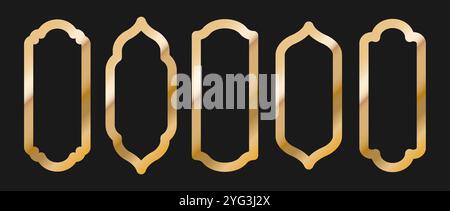 Set of Shape Islamic Windows. Golden Muslim frames isolated on dark background. Collection of arches in oriental style. Flat Vector illustration Stock Vector