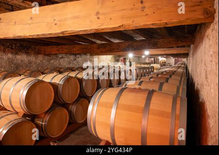 WIne celler with french oak barrels for aging of red wine made from Cabernet Sauvignon grape variety, Haut-Medoc vineyards in Bordeaux, left bank of G Stock Photo