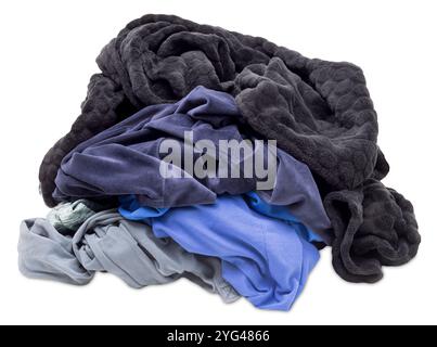 Crumpled pile of various clothes isolated on white background. Front view. Ideal for themes related to fashion, laundry, recycling. Cut out heap of Stock Photo