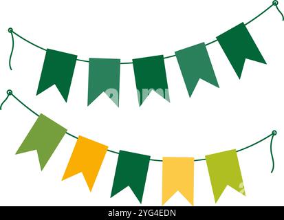 Pennants garland on rope in traditional festive colors St Patrick Day Greeting design elements Set 2. Isolated Vector illustration Cards, poster, leaflets, banner, greetings, price, label or web promo Stock Vector