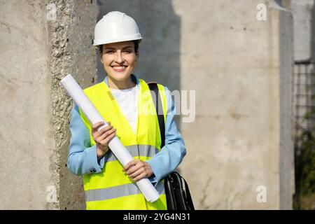 Portrait of a happy female architect holding blueprints on a construction site, on her first major project. Copy space Stock Photo