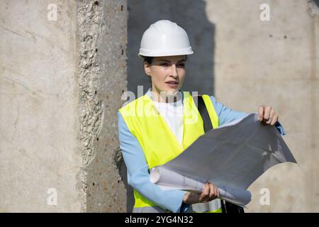 Woman architect wearing safety vest and hard hat reviewing blueprints on a construction site Stock Photo
