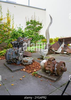 Old iron ship parts displayed as outdoor art in historic city, Dordrecht, Holland. Stock Photo