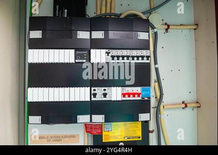 Control panel with static energy meters and circuit-breakers or fuse. Stock Photo
