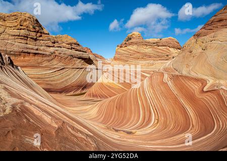 The Wave (undulating, striped, Navajo sandstone formations), in North Coyote Buttes, in Vermilion Cliffs National Monument, Arizona. Stock Photo