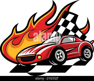A racing car with flames and a checkered flag is featured in a dynamic and colorful illustration, symbolizing speed and competition Stock Vector