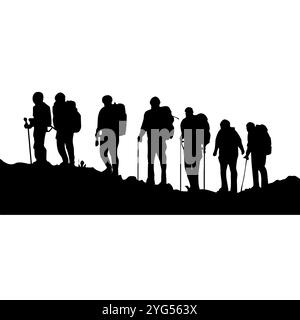 Silhouette of seven mountain climbers. Perfect for stickers, icons, advertising elements or ornaments. Stock Photo