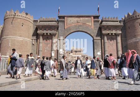 SANAA, YEMEN- APRIL 23, 2011: Bab al Yemen, Sana a - the main gate to the old city in the capital of Yemen Stock Photo