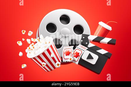 Splashing popcorn, film reel , drink and clapper board on red background, 3d rendering. 3d illustration. Stock Photo