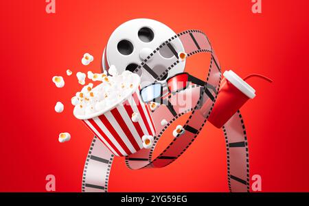 Splashing popcorn, film reel , drink, 3d glasses on red background, online movie concept, 3d rendering. 3d illustration. Stock Photo