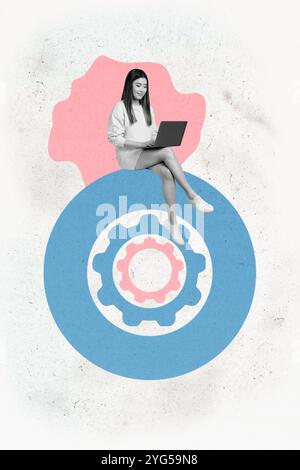 Composite trend artwork sketch image photo collage of knowledge smart young lady sit circle cogwheel office manager work laptop student Stock Photo
