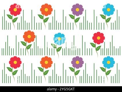 Flowers with Grass Vector Flat Design, Perfect for Sparking Children's Imagination, Isolated on White Background Stock Vector