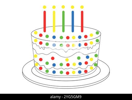 Black and White Wedding Cake with Colored Dashes and Candles Vector Flat Designs, Ideal for Coloring Pages, Isolated on White Background Stock Vector