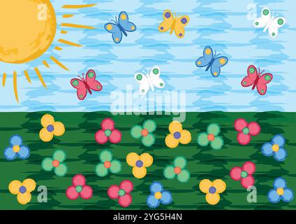 Painted summer landscape. Flowers, Sun, Butterflies Vector Flat Design isolated on white background Stock Vector