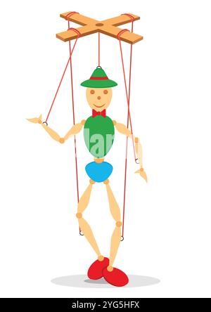 Wooden Puppet in Flat Vector Design Isolated on White Background Stock Vector