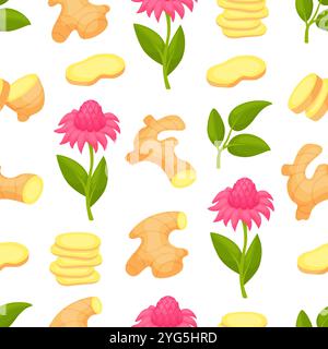 Ginger root seamless pattern. Flowers and green sprout, gingers slices cartoon elements. Decorative print design for fabric, neoteric vector Stock Vector