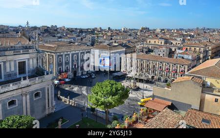 View of Piazza del Duomo, Catania, Sicily, Italy. Buildings in the unique local baroque style. Stock Photo
