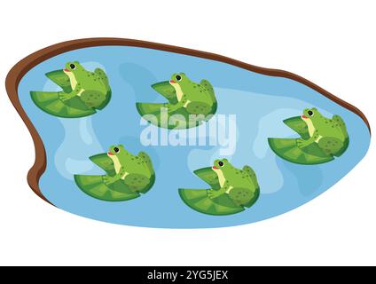 Five frogs in a lake sitting on a water lily leaf vector flat design Stock Vector