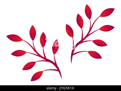 Two branches with leaves in gradient red vector flat design isolated on white background Stock Vector