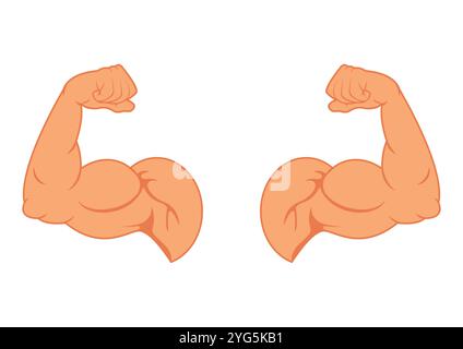 Two Bicep muscle flexing vector flat design isolated on white background. Two muscle arms Stock Vector