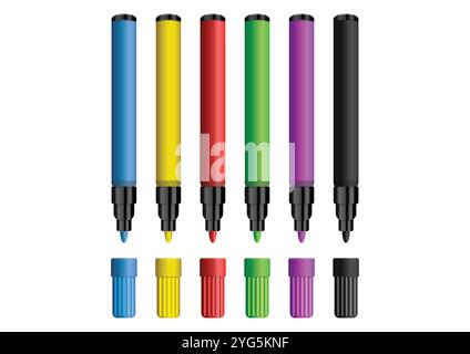 Set of Six Realistic Marker Colors Vector Flat Design, Isolated on White Background Stock Vector