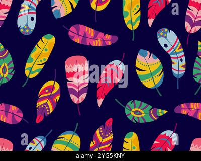 Feather seamless pattern. Vibrant feathers boho style, doodle birds plume. Stylish tribal print template for wallpaper wrapping fabric, neoteric Stock Vector
