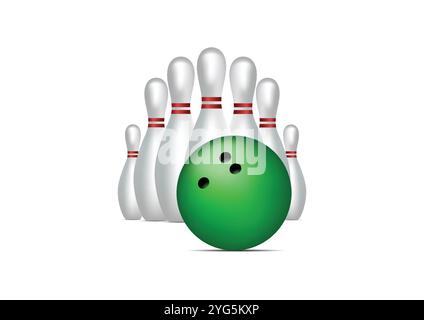 Realistic Bowling ball with pins vector flat design isolated on white background Stock Vector