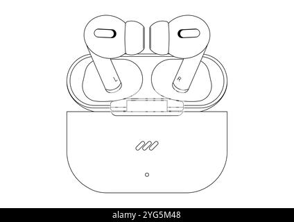Black and white wireless headphones with charging case vector flat design isolated on white background Stock Vector