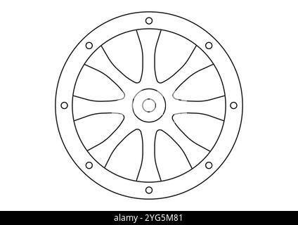 Black and white old wheel vintage cartoon vector flat design isolated on white background. Coloring page of old wheel Stock Vector