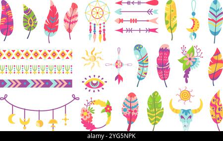 Tribal boho elements. Feathers arrows animal skull decorative pendants and dream catcher. Ethnic vibrant ornaments, stylish neoteric vector clipart Stock Vector