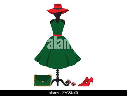 Set of women's clothing and accessories. Women dress, shoes, bag, glasses and hat vector flat design isolated on white background Stock Vector
