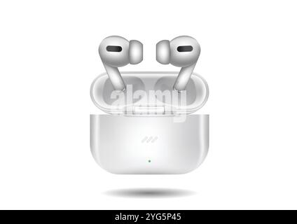 Realistics wireless headphones with charging case vector flat design isolated on white background Stock Vector