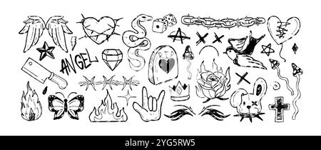 Crayon graffiti doodle rock symbols. Hand drawn y2k tattoo with fly agaric, fire flame, emo gothic heart, barbed wire, chain and burning rose. Chalk pencil heavy metal icons or charcoal goth stickers Stock Vector
