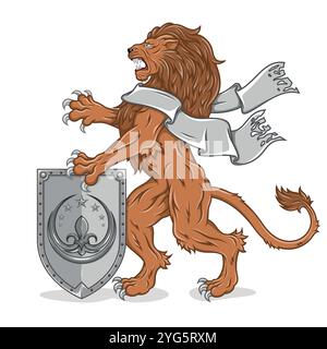 Rampant lion with ribbon and shield from medieval age, heraldic feline of European royalty Stock Vector