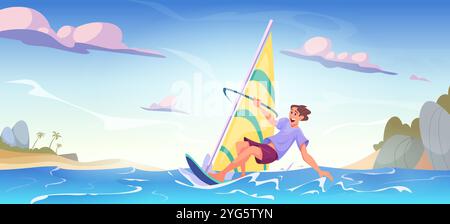 Water sport. Activities on water kayaking diving swimming relax time on beach surfing characters exact vector cartoon background Stock Vector